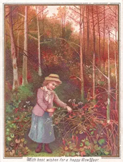 Autumnal Prints: Girl in a wood with brambles on a New Year card