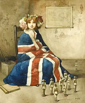 Girl wrapped in British flag with toy soldiers on floor, WW1