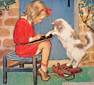 Girl Writing with Cat