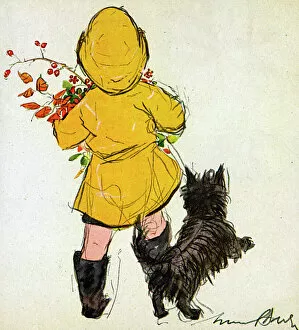 Rain Gallery: Girl in yellow with black dog, by Muriel Dawson