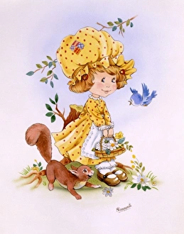Girl in yellow bonnet collecting flowers Girl in yellow bonnet collecting flowers