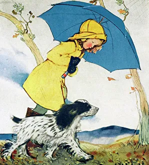 Rainy Prints: Girl in yellow raincoat by Muriel Dawson