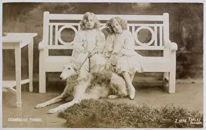 Comrades Prints: Two girls on bench with large dog