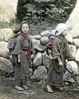 Backs Prints: Two girls carrying babies, Japan