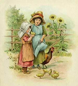 Feeding Collection: Two girls with their chickens