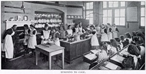 Aprons Gallery: Girls in a cookery lesson, learning to cook tarts and a joint of beef which a group of