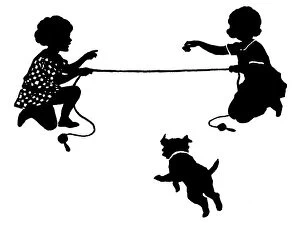 Images Dated 30th March 2016: Girls & dog with skipping rope
