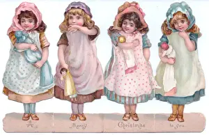 Scarves Prints: Four girls with dolls on a cutout Christmas card