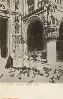 Girls feeding the pigeons close to St. Marks Basilica