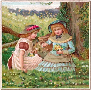 Two girls with flowers on a greetings card