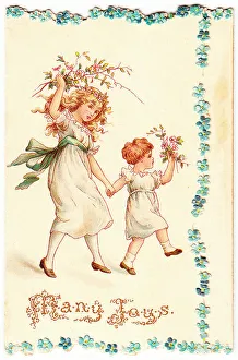 Forgetmenots Prints: Two girls with flowers on a greetings card