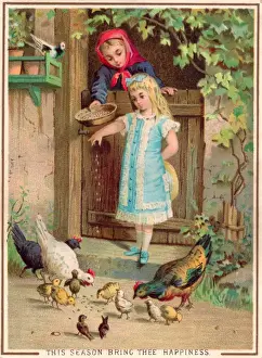 Hens Prints: Two girls with hens and chicks on a Christmas card