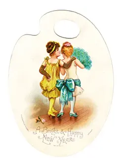 Floorboards Prints: Two girls on a palette-shaped New Year card