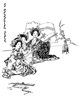 Three girls playing shamisens, a Japanese musical instrument