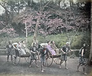 Rickshaws Prints: Girls in rickshaws, Japan, circa 1890. Date: circa 1890