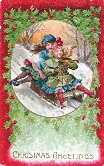 Sled Prints: Two girls riding on a sled on a Christmas postcard