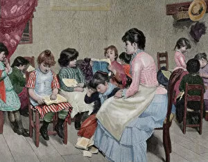Pupil Gallery: Girls school. Engraving, 19th century. La Ilustracion Espa
