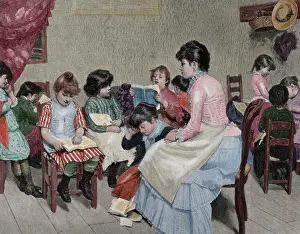 Learn Prints: Girls school. Engraving, 19th century. La Ilustracion Espa