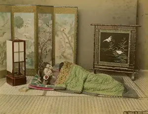 Bed Room Prints: Girls sleeping in bedroom - Kusakabe Kimbei