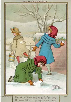 Snowballing Prints: Girls snowballing on a New Year card