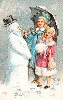 Snowman Prints: Two girls with snowman on a Christmas postcard