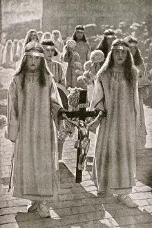 Headband Collection: Girls taking part in a religious procession, France