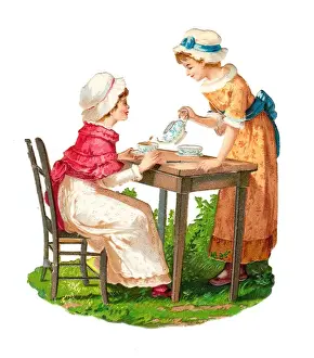 Teacups Prints: Two girls taking tea on a Victorian scrap