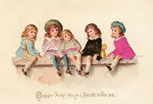 Fabric Collection: Five girls on a wall on a fabric Christmas card