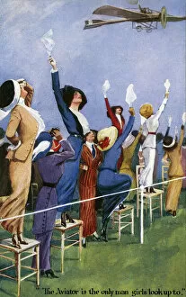 Aviator Collection: Girls waving at an early Aviator flying overhead