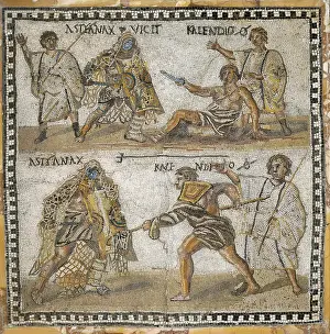 Mosaic Prints: Gladiator Fight. 4th c. Roman art. Late Empire