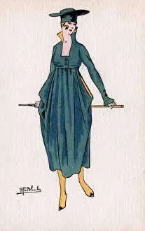 Ensemble Prints: Glamorous French Woman in green ensemble with umbrella