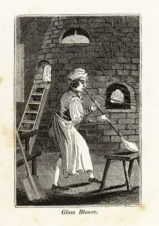 Workplace Prints: Glass-blower in apron blowing a glass bottle in a glass factory