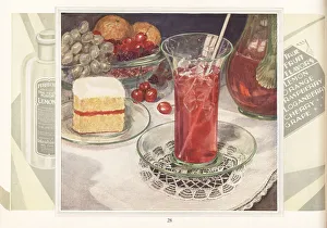 Pitcher Prints: Glass of iced fruit juice with straw, slice of cake and bowl of