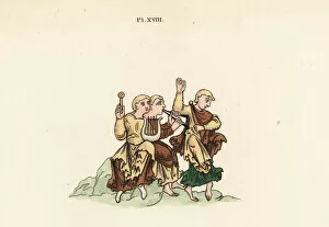 Lyre Collection: Gleemen dancing to lyre and pipe music, 9th century