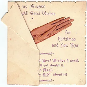 Glove with comic verse on a Christmas and New Year card