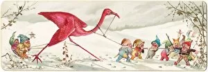 Goblins with a pink flamingo on a Christmas card