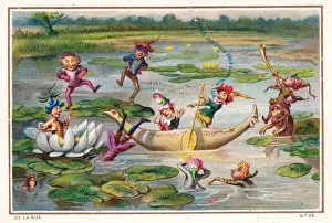 Goblins on a river on a Christmas and New Year card