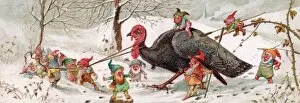 Goblins with a turkey on a Christmas card