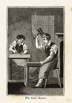 Mallet Prints: Gold beater flattening gold leaf with a mallet in a workshop