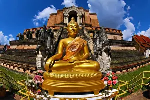 Thailand Prints: Gold Buddha statue at Wat Chedi Luang Temple in Chiang Mai