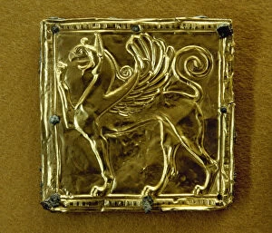 Hybrid Gallery: Gold plate depicting a winged griffin. 6th century B.C. Delp