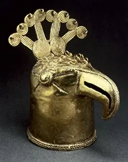 Hispanic Prints: Gold stick handle with figure of a bird. Majagual