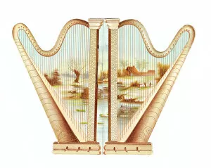 Strings Collection: Two golden harps on a cutout greetings card