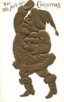 Throw Gallery: Golden Santa Claus with snowballs on a Christmas postcard