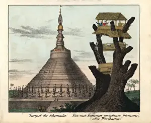 Golden Temple at Pegu (Bago), Burma, and Burmese tree fort
