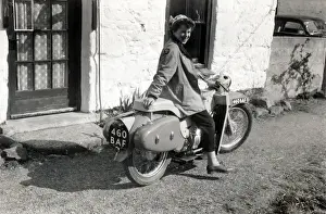 Fraser Prints: Goldie Fraser on Velocette L. E. motorcycle, reg. No. 460 BAF