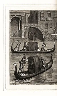Racinet Prints: Gondolas on the canals of Venice, 16th century