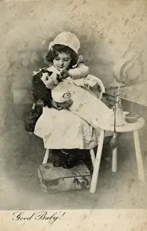 Dispenser Prints: Good Baby -- little girl washing doll