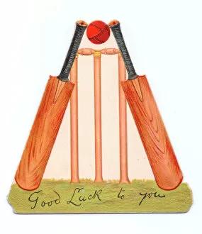 Shaped Collection: Good Luck card with two cricket bats, a ball and a wicket