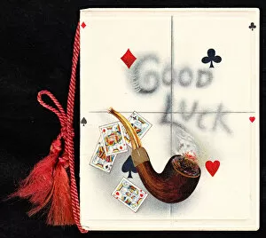 Images Dated 5th October 2017: Good Luck card with pipe and playing cards